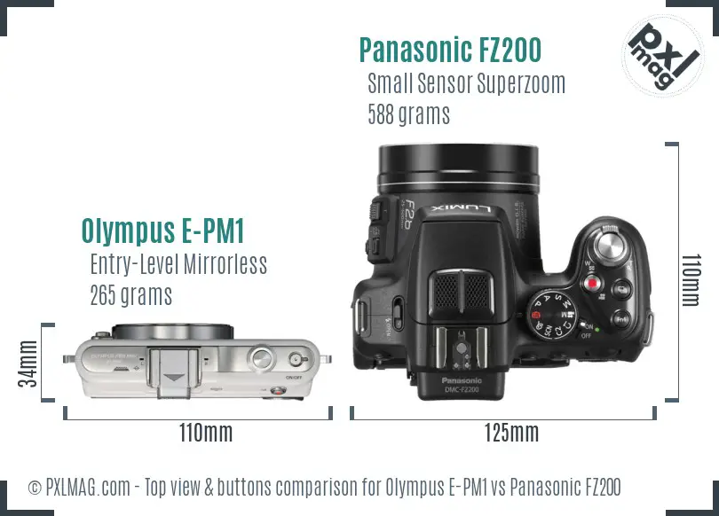 Olympus E-PM1 vs Panasonic FZ200 top view buttons comparison