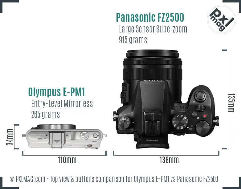 Olympus E-PM1 vs Panasonic FZ2500 top view buttons comparison