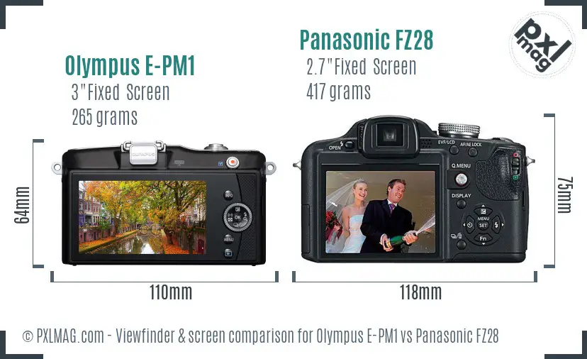 Olympus E-PM1 vs Panasonic FZ28 Screen and Viewfinder comparison