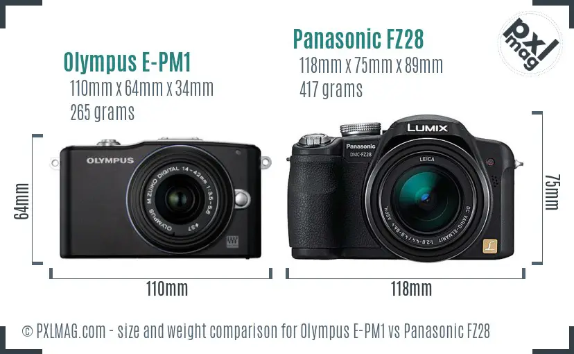 Olympus E-PM1 vs Panasonic FZ28 size comparison