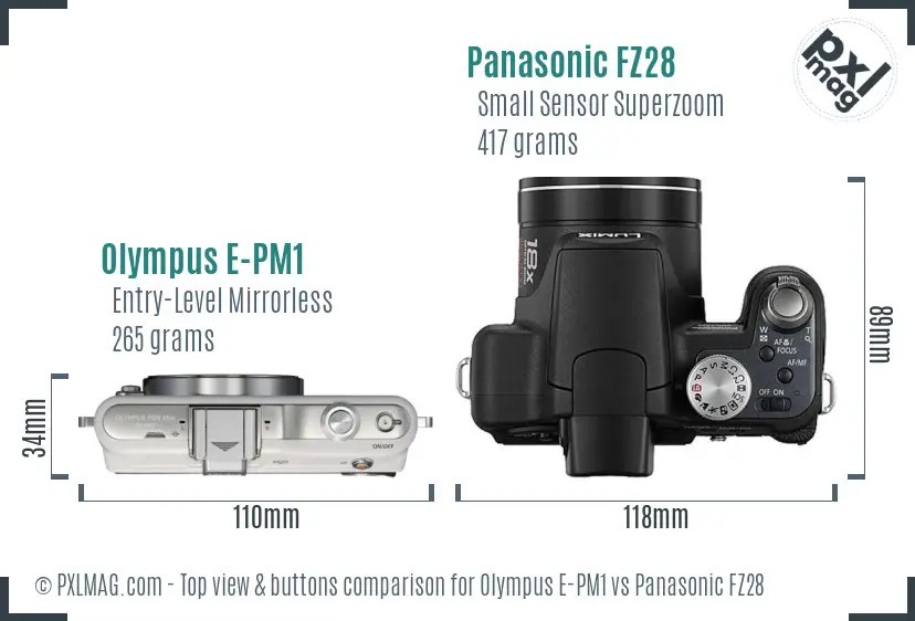 Olympus E-PM1 vs Panasonic FZ28 top view buttons comparison