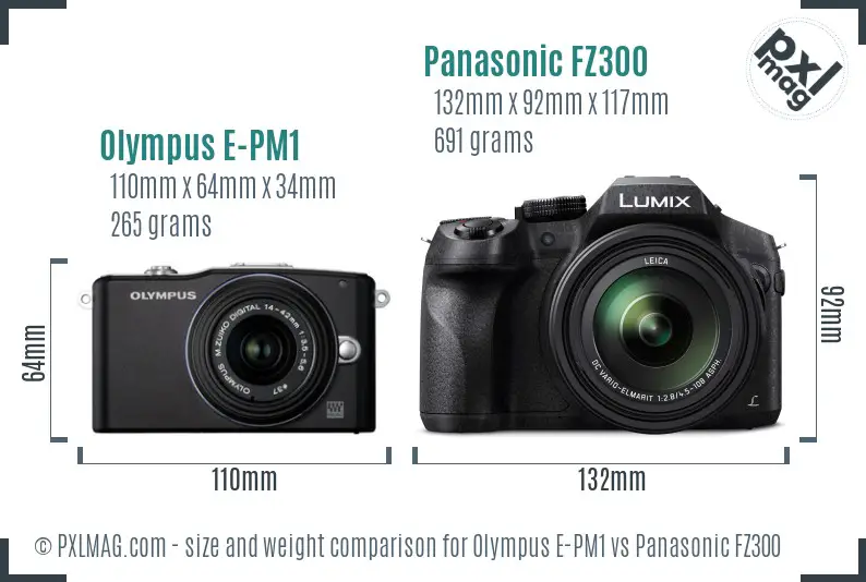 Olympus E-PM1 vs Panasonic FZ300 size comparison