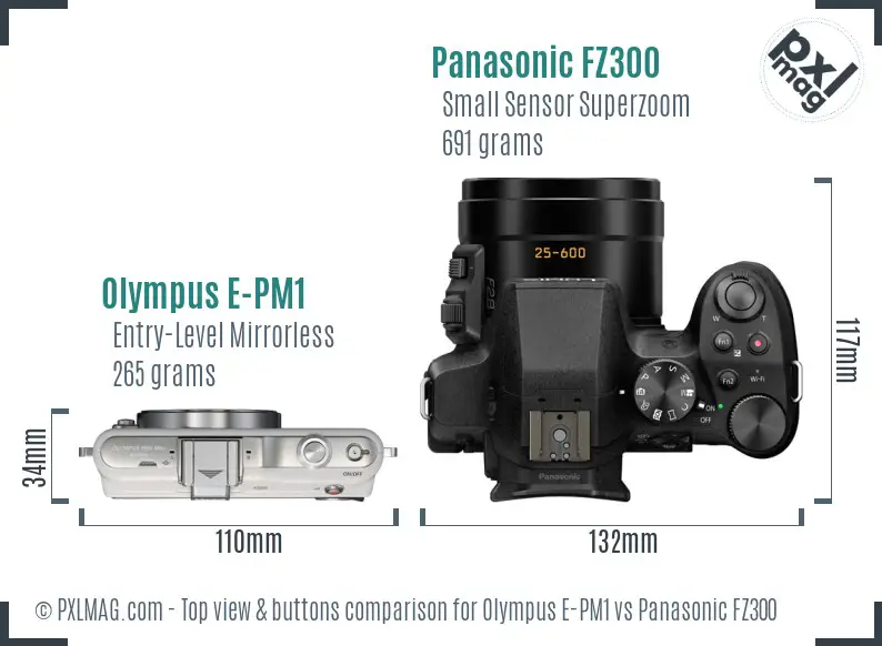 Olympus E-PM1 vs Panasonic FZ300 top view buttons comparison