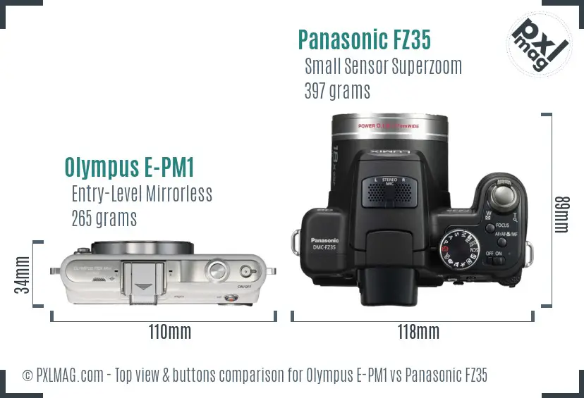 Olympus E-PM1 vs Panasonic FZ35 top view buttons comparison