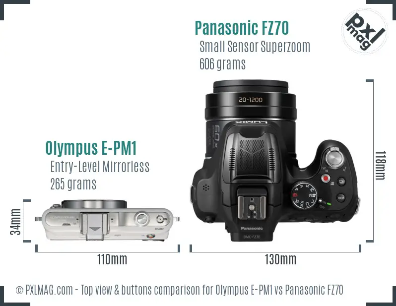 Olympus E-PM1 vs Panasonic FZ70 top view buttons comparison