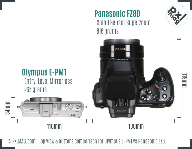 Olympus E-PM1 vs Panasonic FZ80 top view buttons comparison
