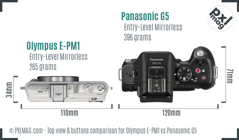 Olympus E-PM1 vs Panasonic G5 top view buttons comparison