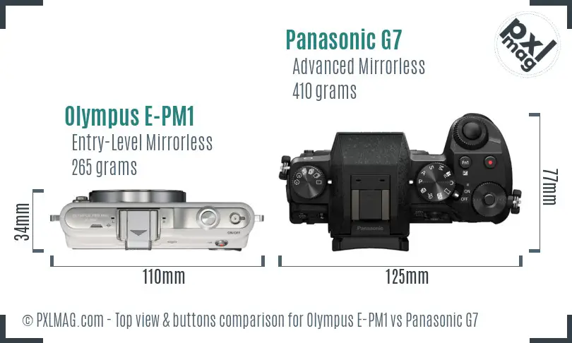 Olympus E-PM1 vs Panasonic G7 top view buttons comparison