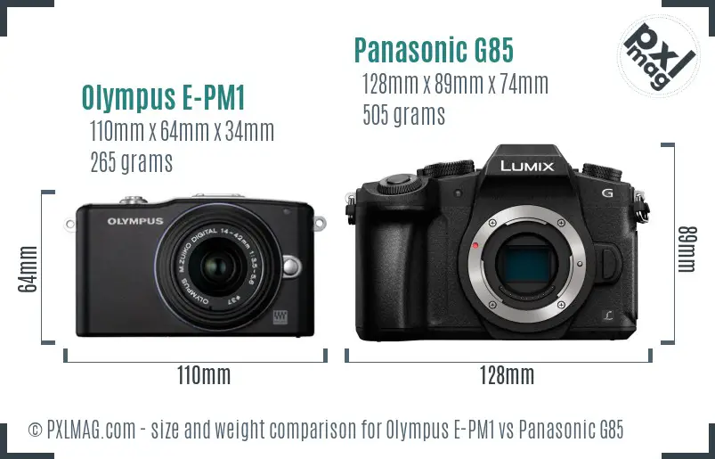 Olympus E-PM1 vs Panasonic G85 size comparison