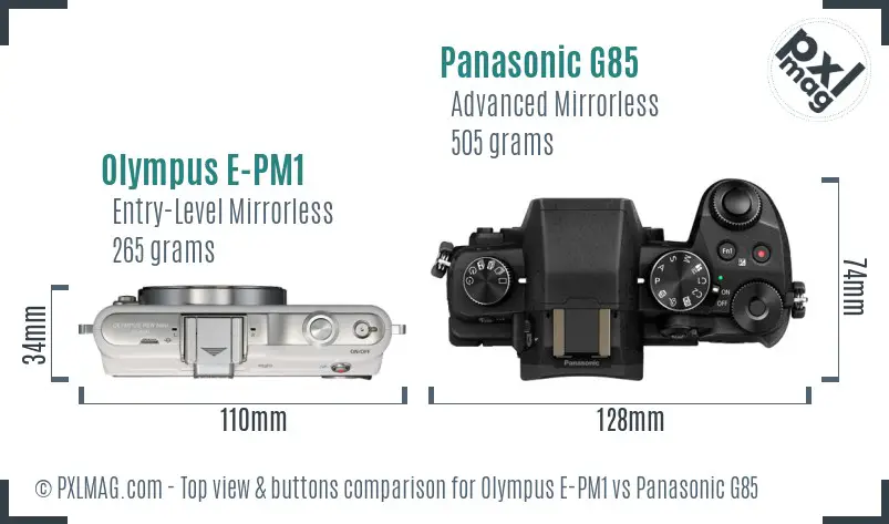Olympus E-PM1 vs Panasonic G85 top view buttons comparison