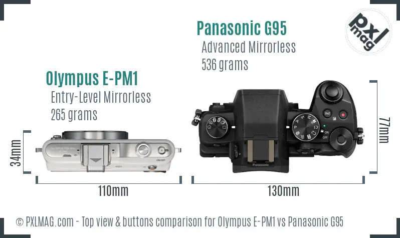 Olympus E-PM1 vs Panasonic G95 top view buttons comparison