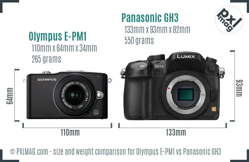 Olympus E-PM1 vs Panasonic GH3 size comparison