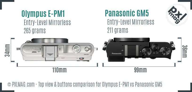 Olympus E-PM1 vs Panasonic GM5 top view buttons comparison