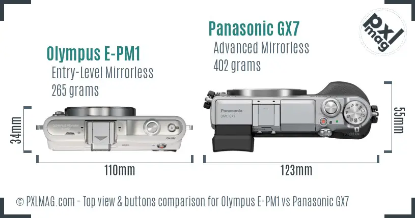 Olympus E-PM1 vs Panasonic GX7 top view buttons comparison
