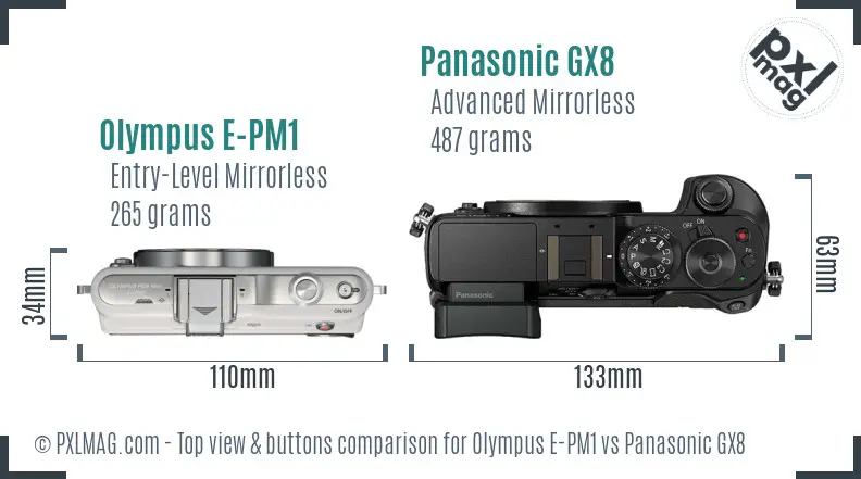 Olympus E-PM1 vs Panasonic GX8 top view buttons comparison