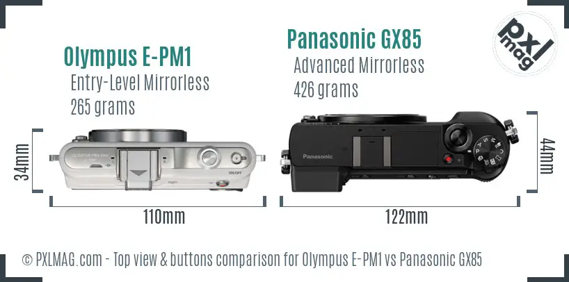Olympus E-PM1 vs Panasonic GX85 top view buttons comparison