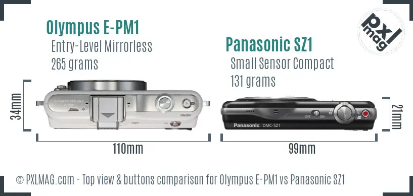 Olympus E-PM1 vs Panasonic SZ1 top view buttons comparison