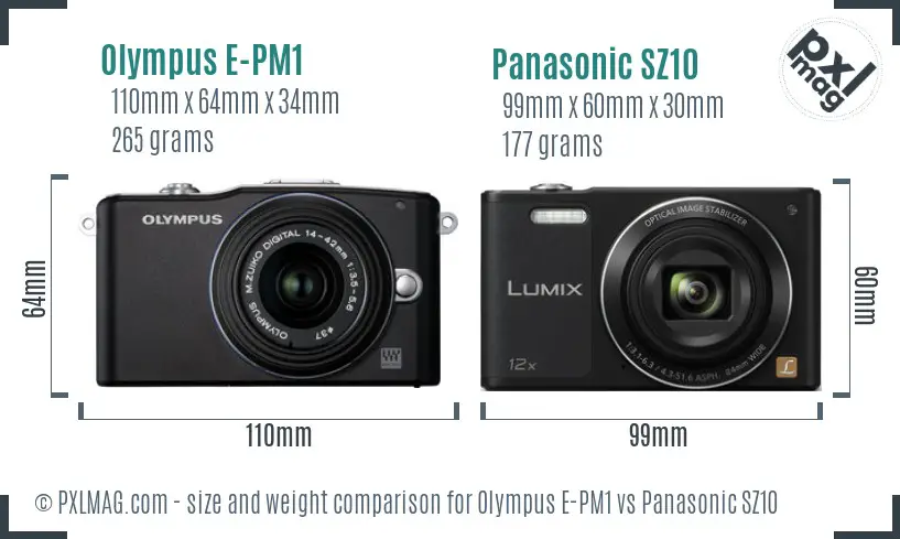 Olympus E-PM1 vs Panasonic SZ10 size comparison