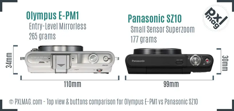 Olympus E-PM1 vs Panasonic SZ10 top view buttons comparison
