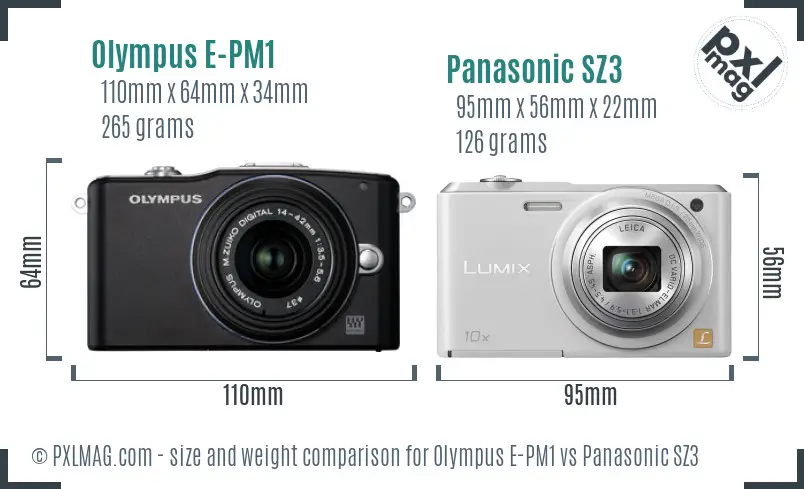 Olympus E-PM1 vs Panasonic SZ3 size comparison