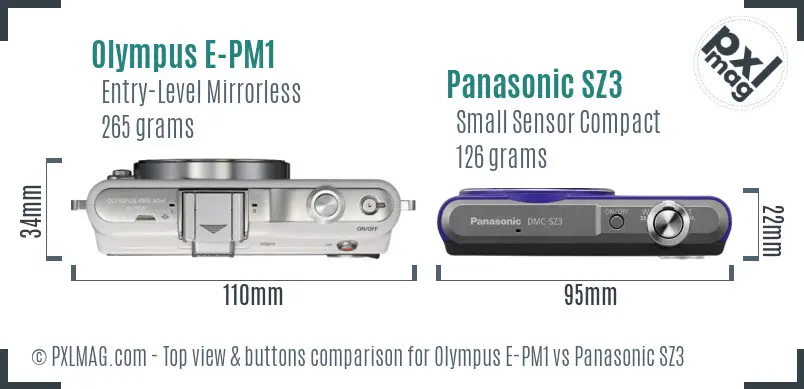 Olympus E-PM1 vs Panasonic SZ3 top view buttons comparison