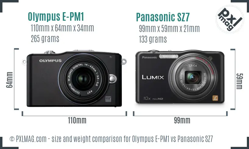 Olympus E-PM1 vs Panasonic SZ7 size comparison
