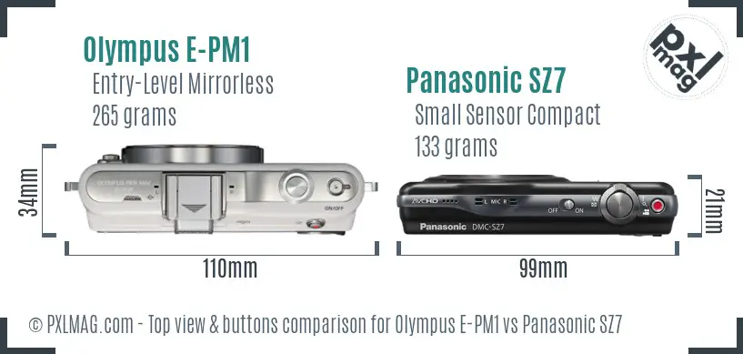 Olympus E-PM1 vs Panasonic SZ7 top view buttons comparison