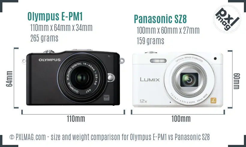 Olympus E-PM1 vs Panasonic SZ8 size comparison