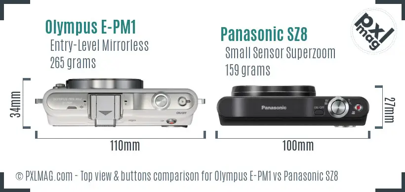 Olympus E-PM1 vs Panasonic SZ8 top view buttons comparison