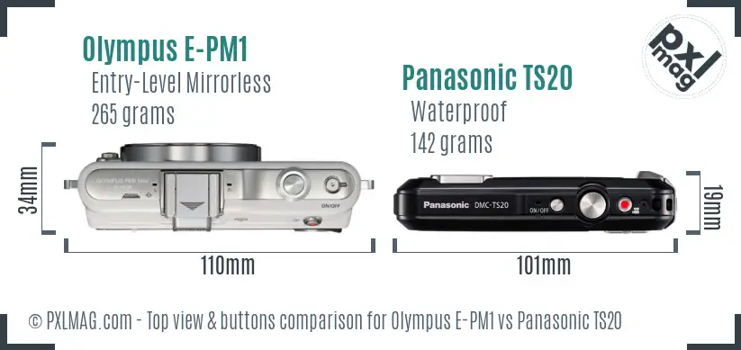 Olympus E-PM1 vs Panasonic TS20 top view buttons comparison