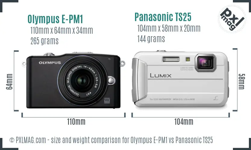 Olympus E-PM1 vs Panasonic TS25 size comparison