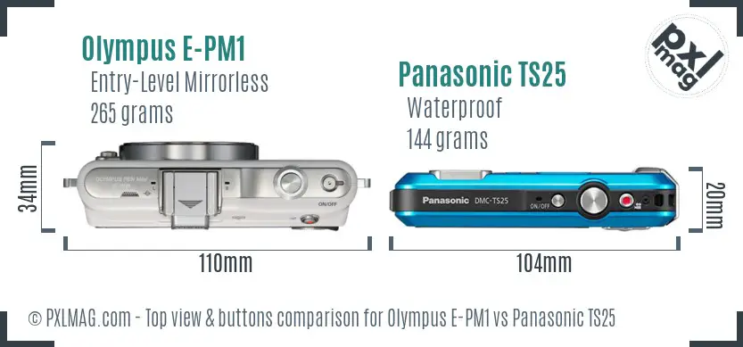 Olympus E-PM1 vs Panasonic TS25 top view buttons comparison