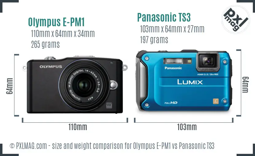 Olympus E-PM1 vs Panasonic TS3 size comparison
