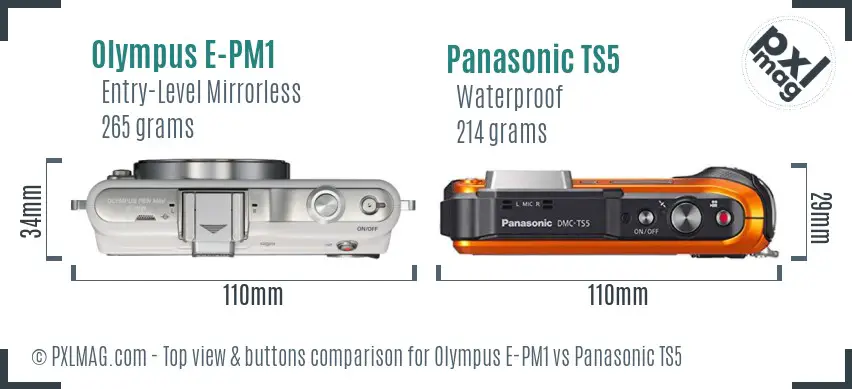 Olympus E-PM1 vs Panasonic TS5 top view buttons comparison