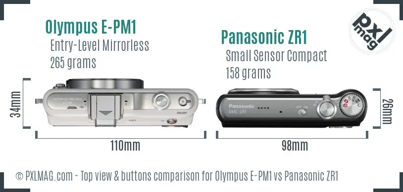 Olympus E-PM1 vs Panasonic ZR1 top view buttons comparison