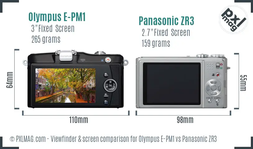 Olympus E-PM1 vs Panasonic ZR3 Screen and Viewfinder comparison