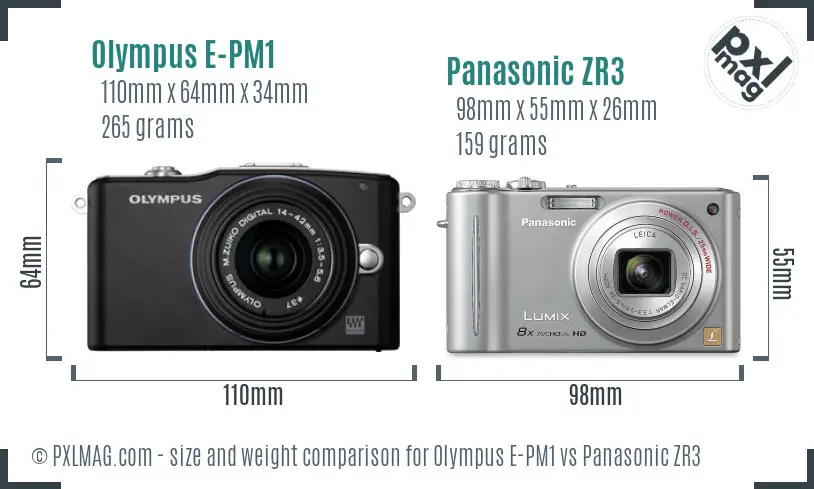 Olympus E-PM1 vs Panasonic ZR3 size comparison