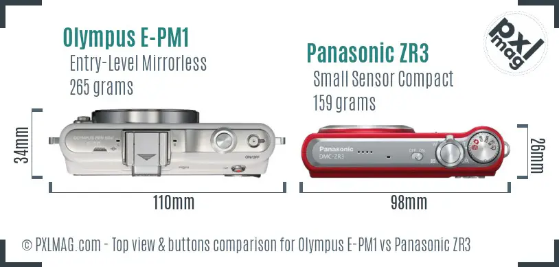 Olympus E-PM1 vs Panasonic ZR3 top view buttons comparison