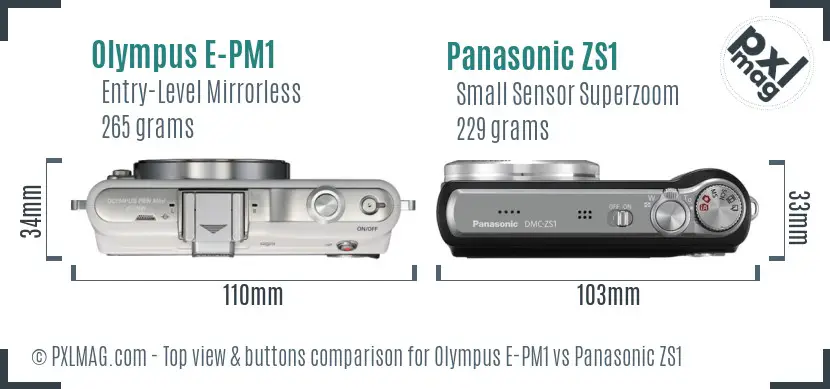 Olympus E-PM1 vs Panasonic ZS1 top view buttons comparison