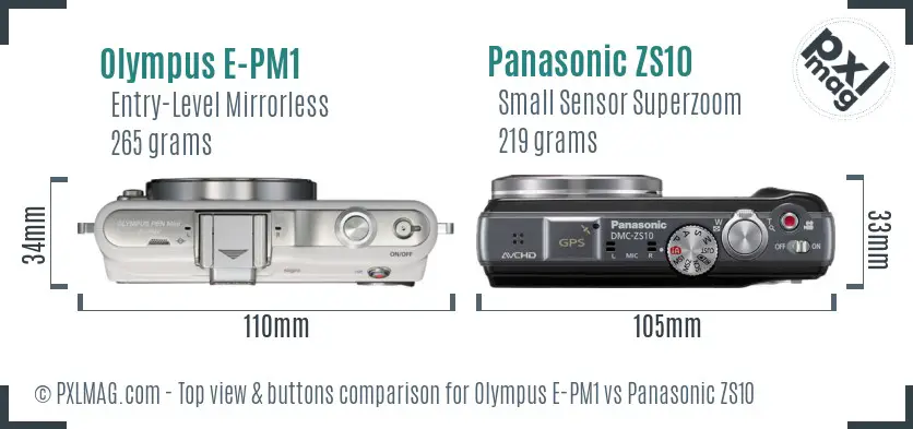 Olympus E-PM1 vs Panasonic ZS10 top view buttons comparison