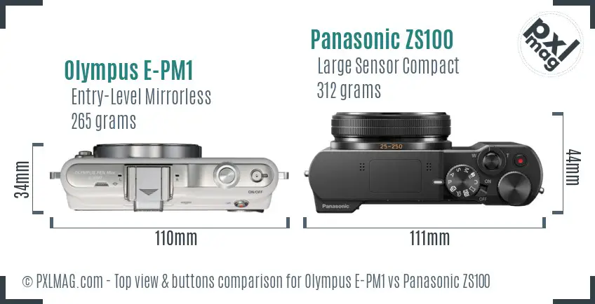 Olympus E-PM1 vs Panasonic ZS100 top view buttons comparison