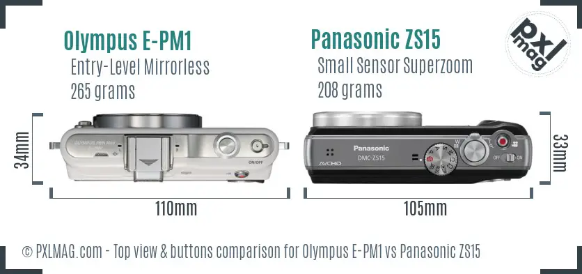 Olympus E-PM1 vs Panasonic ZS15 top view buttons comparison