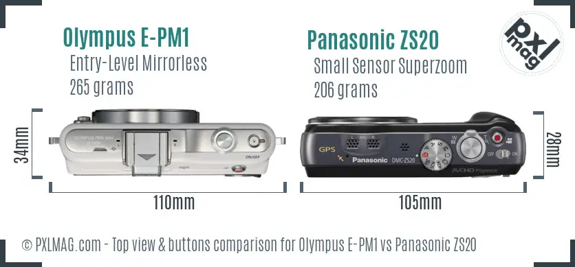 Olympus E-PM1 vs Panasonic ZS20 top view buttons comparison