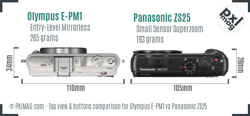 Olympus E-PM1 vs Panasonic ZS25 top view buttons comparison