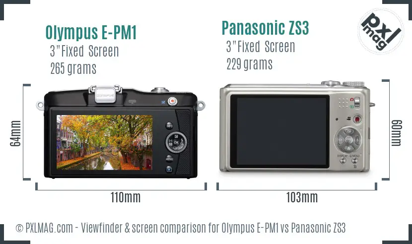 Olympus E-PM1 vs Panasonic ZS3 Screen and Viewfinder comparison
