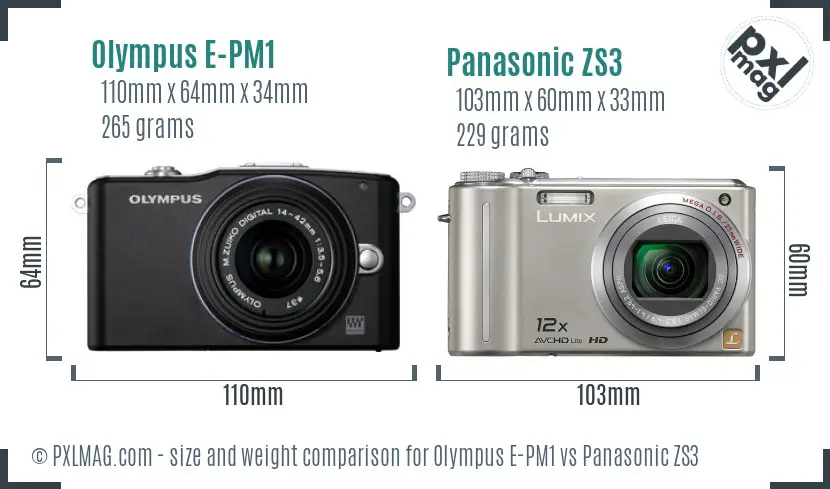 Olympus E-PM1 vs Panasonic ZS3 size comparison