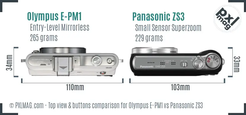 Olympus E-PM1 vs Panasonic ZS3 top view buttons comparison