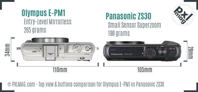 Olympus E-PM1 vs Panasonic ZS30 top view buttons comparison