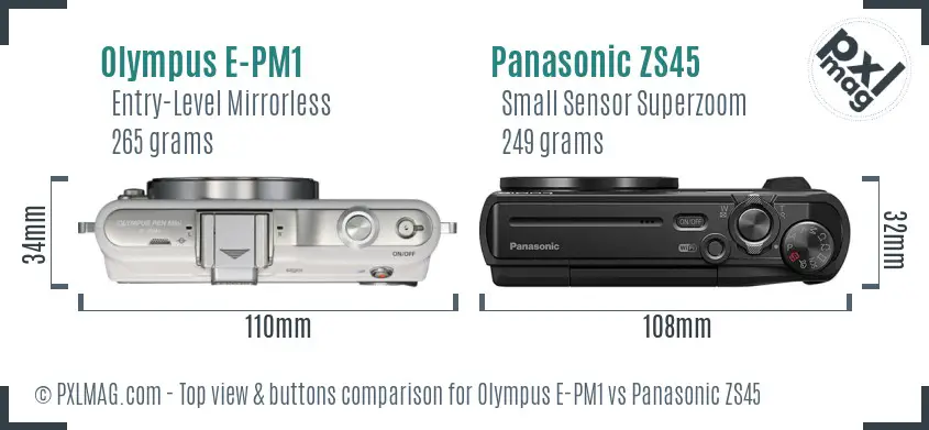 Olympus E-PM1 vs Panasonic ZS45 top view buttons comparison