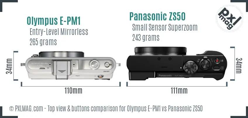 Olympus E-PM1 vs Panasonic ZS50 top view buttons comparison